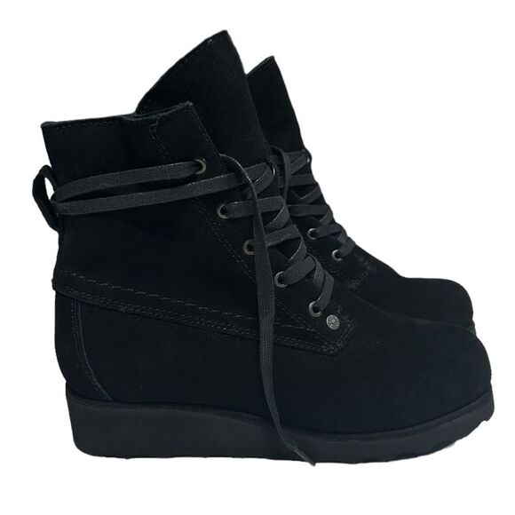 BearPaw Krista Cow Suede Wool Lined Boots Black Winter Boots Sheepskin Footbed - Picture 4 of 14